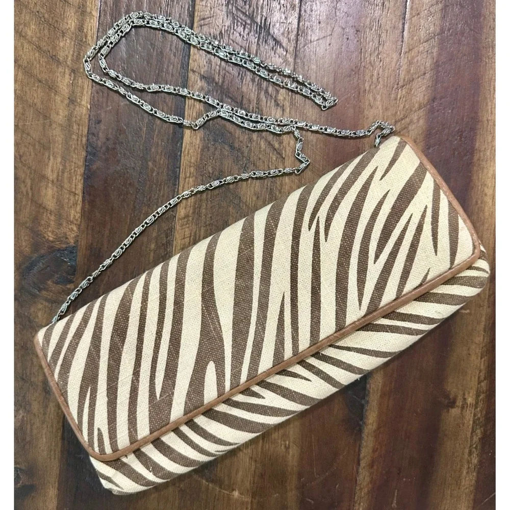 Zebra Print Canvas Clutch Bag with Silver Chain Strap Brown Cream Animal Print